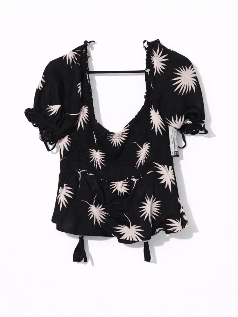 Volcom Black Palm-Print Puff Sleeve Blouse